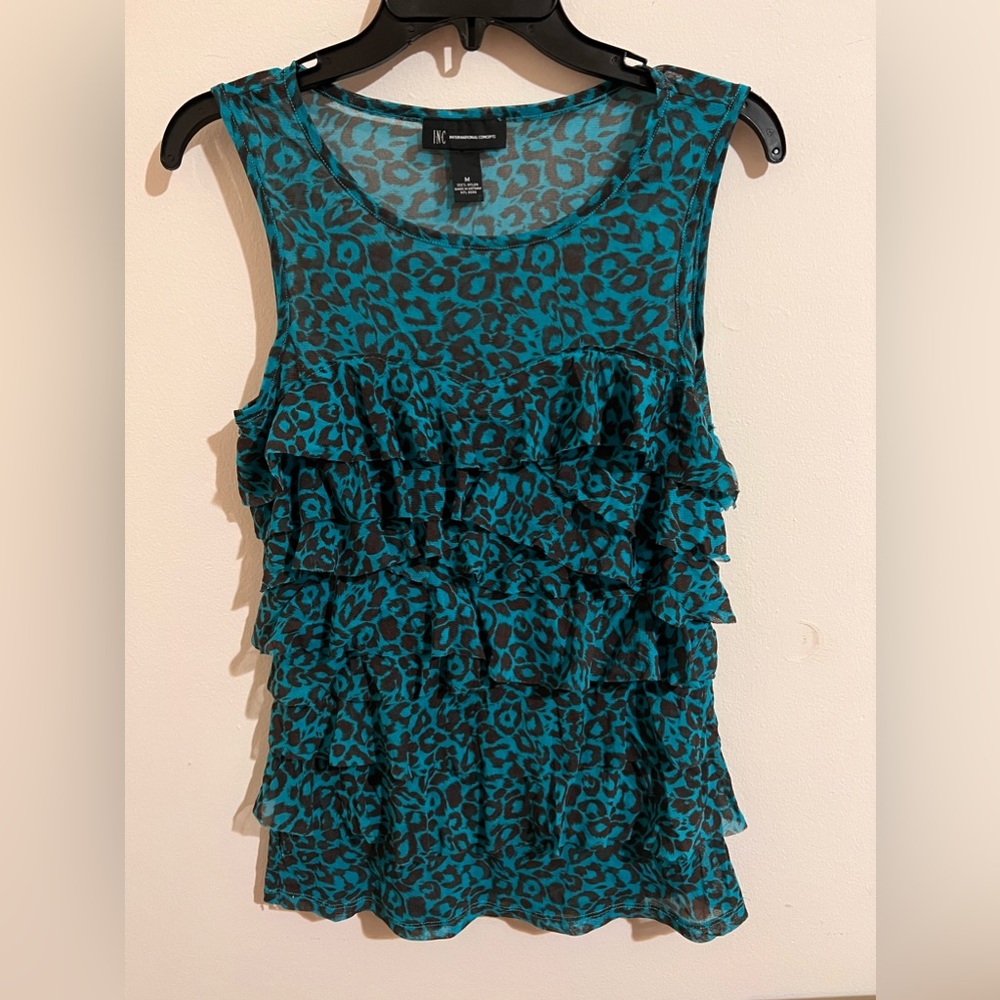 INC International Concepts turquoise/black animal print ruffle flouncy mesh top
